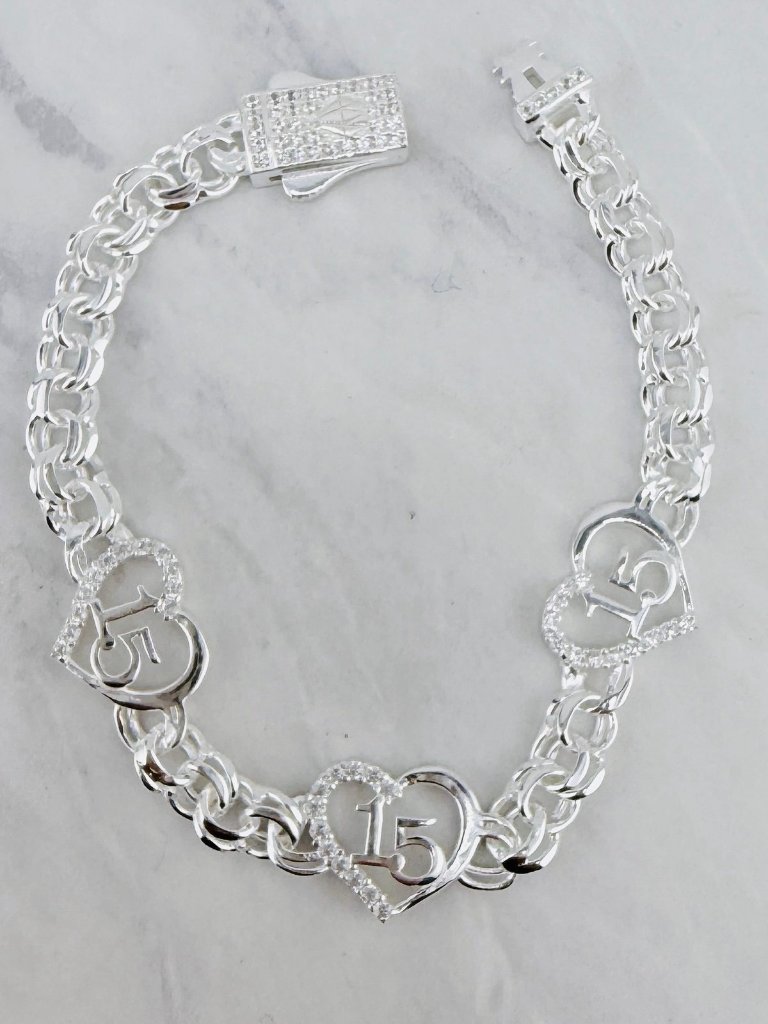 925 Sterling Silver Sweet 15 Bracelet Quinceaera Bracelet Hearts Chino Link